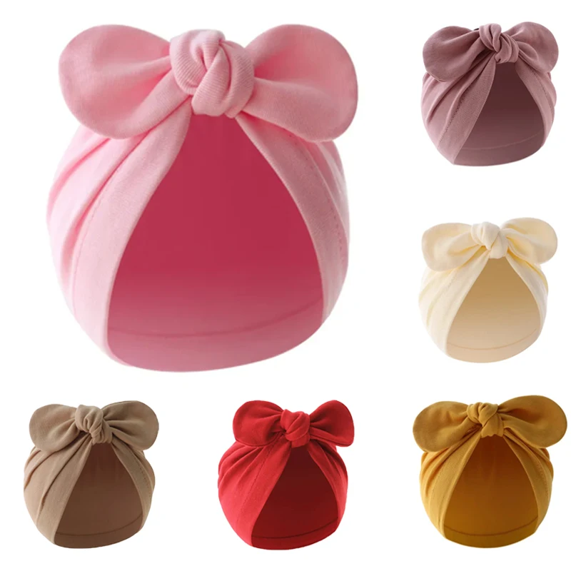 Chapeau pour nouveau-né pour filles et garçons, Turban à nœuds mignons, Bonnet en coton pour nourrissons, couleur unie, accessoires pour bébés de 0 à 24 mois