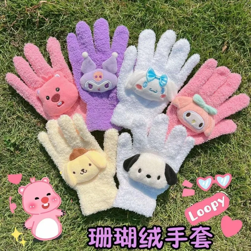 1 paire Sanrio Hello Kitty gants Kawaii Loopy écran tactile de téléphone corail velours gants chauds équitation en plein air en peluche mignon Couple gants