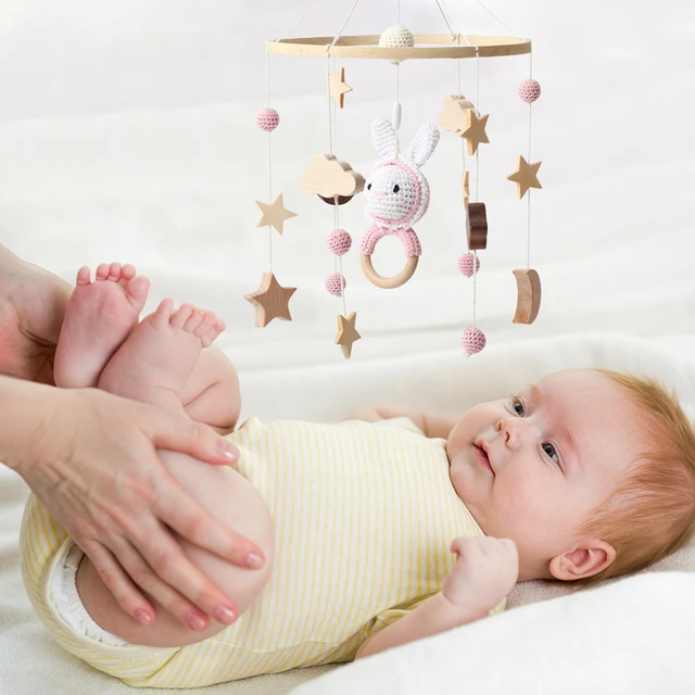 Berceau de bébé Mobile hochet en bois jouet cloche de lit Mobile suspendu rose Crochet lapin jouets nouveau-né boîte à musique berceau support Mobile cadeau – Image 5