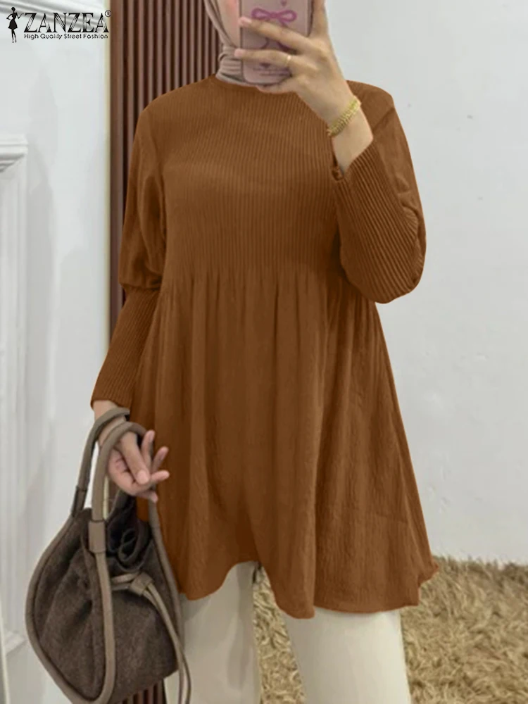 ZANZEA-Abaya musulmane à manches longues pour femmes, chemisier plissé, chemise de travail élégante, vêtements islamiques, monochromatique, Turquie, Y-Caftan, adt