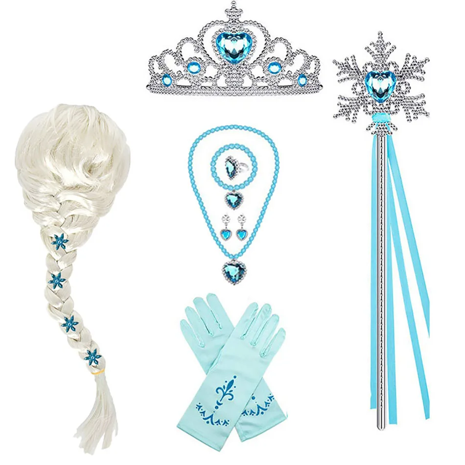 Elsa princesse accessoires gants baguette couronne ensemble de bijoux Elsa perruque collier tresse pour robe de princesse vêtements Cosplay habiller