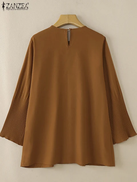 ZANZEA-Abaya musulmane à manches longues pour femmes, chemisier plissé, chemise de travail élégante, vêtements islamiques, monochromatique, Turquie, Y-Caftan, adt – Image 5