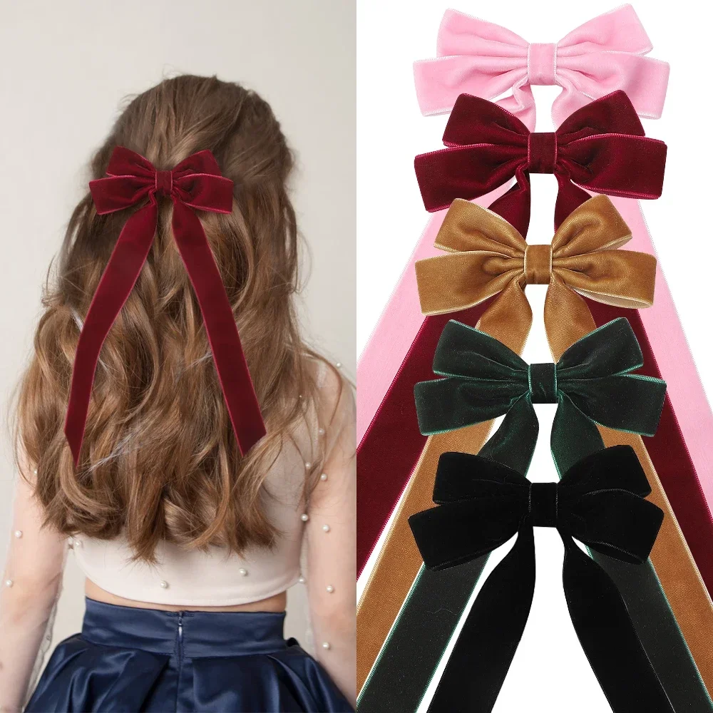 Épingles à cheveux Vintage avec grand nœud en velours, 2 pièces, Barrettes pour femmes et filles, Long ruban de mariage, pince à cheveux coréenne, accessoires pour cheveux