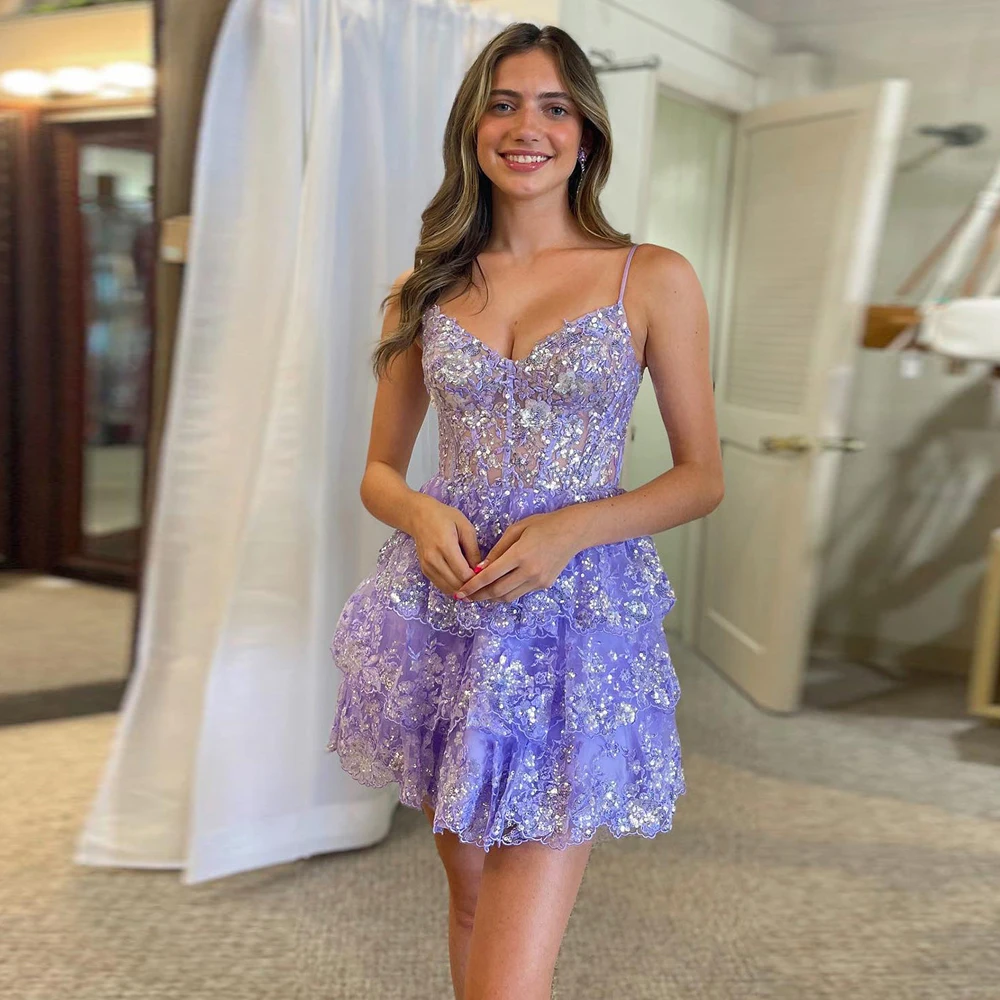 Hocoming-Robe de Rhcourte à volants à bretelles spaghetti pour adolescents, appliques à paillettes, niveau, ligne A, jupes de fête d'anniversaire, 2024
