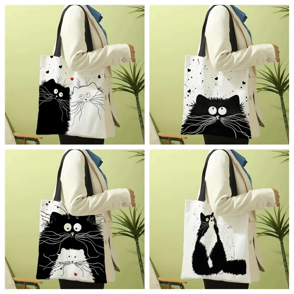 Fourre-tout réutilisable en lin imprimé chats mignons, sac de rangement d'épicerie, sac à bandoulière Portable de grande capacité, fourre-tout lavable en Machine