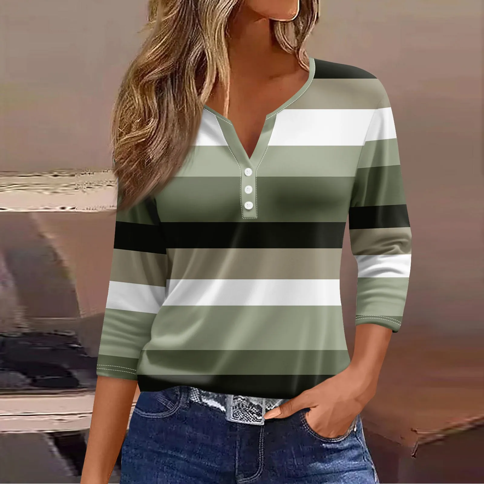 Pull décontracté à col en V pour femmes, manches 3/4, imprimé, été, délicat, 03/chemises, chemisiers