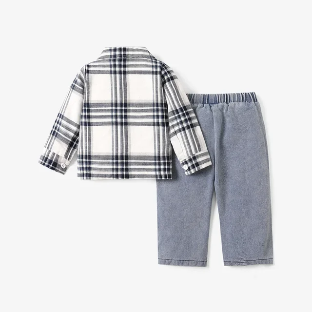 PatPat-Chemise à carreaux à manches longues et jean en denim pour bébé garçon, poche plaquée, ensemble doux et confortable, parfait pour les sorties, 2 pièces – Image 3