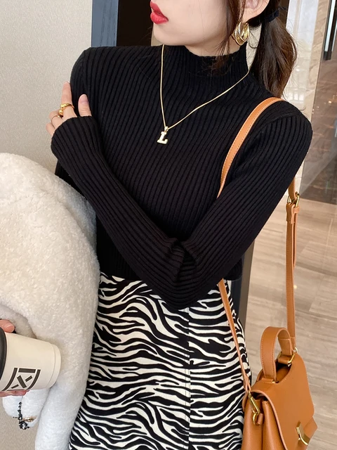 Élégant solide basique tricoté hauts femmes col roulé pull à manches longues décontracté mince pull mode coréenne Simple Chic vêtements – Image 2