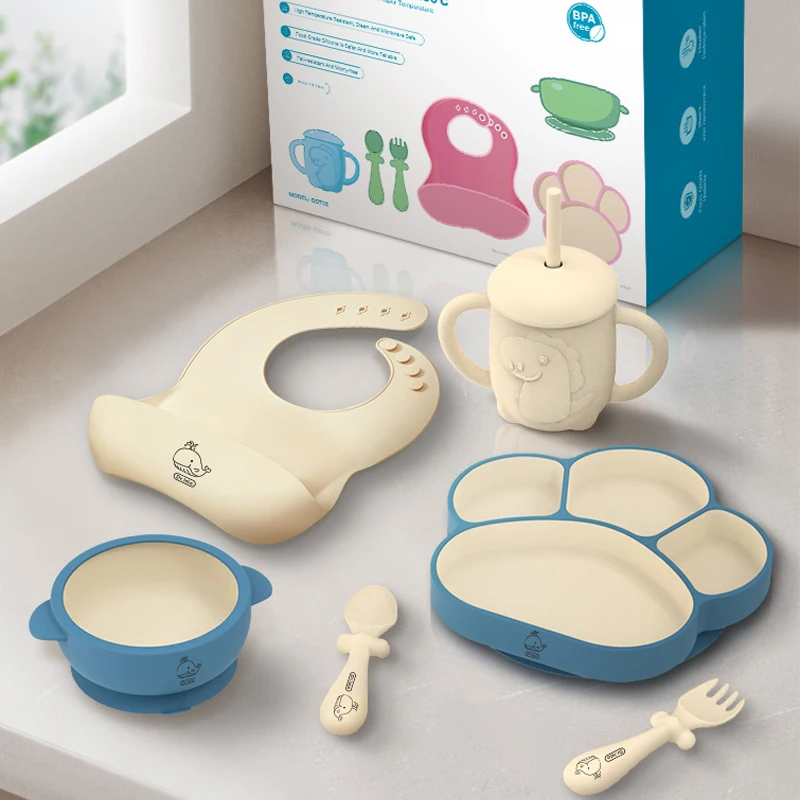 Dr.isla 6 pièces ensemble de plats pour enfants ensemble bébé vaisselle en Silicone ventouse bol bavoir tasse fourchette cuillère ensemble fournitures pour nourrissons sans BPA