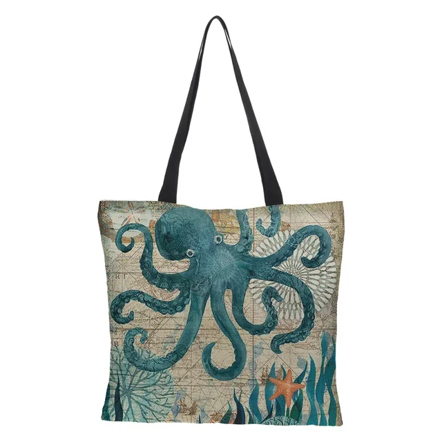 Sac de Shopping grande capacité, fourre-tout à la mode, tortues, hippocampe, baleine, poulpe, Animal, sac à bandoulière unique – Image 3