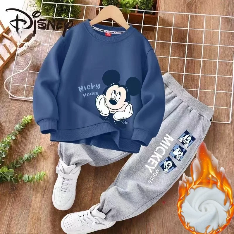 Ensemble de vêtements d'hiver pour bébé fille et garçon, sweat-shirt Disney Mickey, pull et pantalon, 2 pièces, costume chaud en peluche à manches longues pour enfant