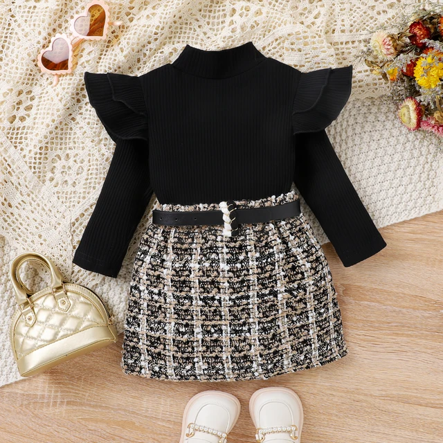 3 pièces automne bébé filles 0-5 ans doux et confortable noir Pit Strip haut à col haut + short à carreaux + ceinture costume de mode – Image 2