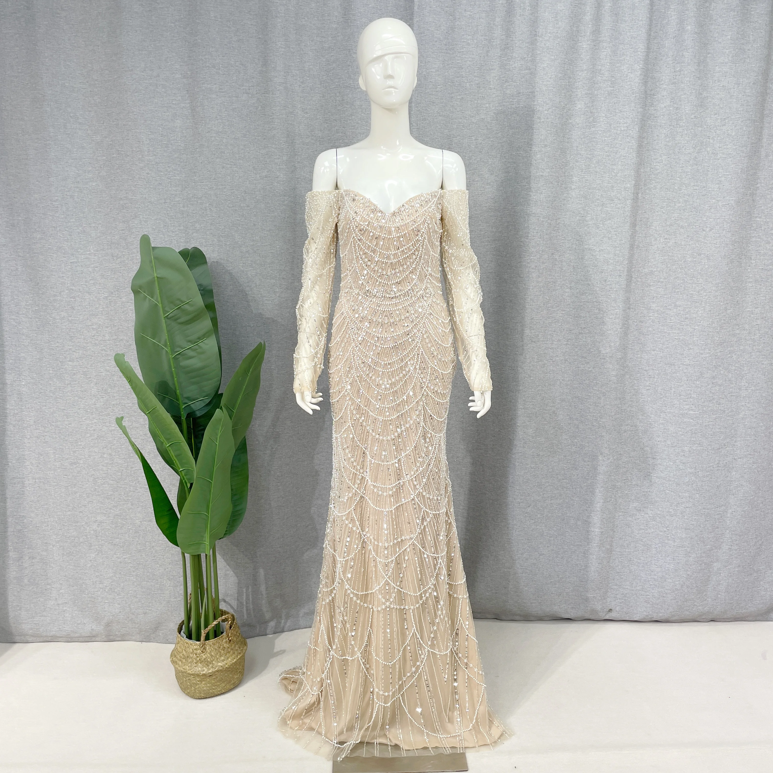 Ume-Robe de Soirée de Forme Sirène Luxueuse pour Femme Tenue Arabe de Dubaï, Couleur Chair, Col Bateau Perlé, pour ixde Mariage, 2024