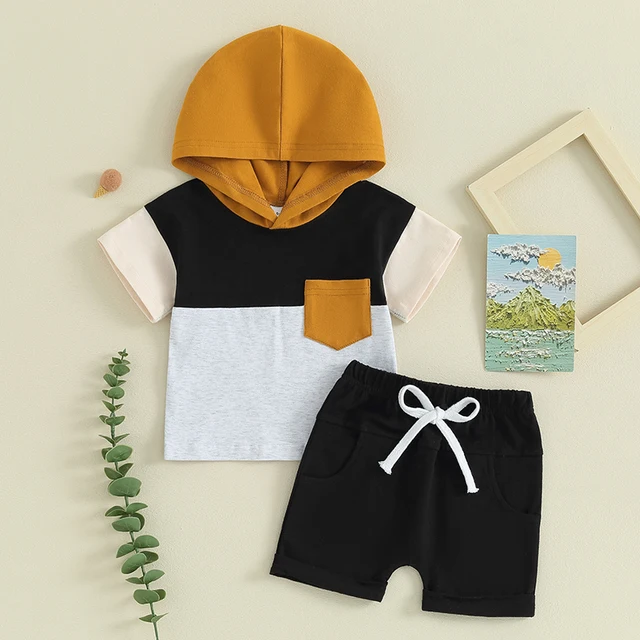 Tenues d'été pour garçons, 2 pièces, t-shirt à capuche à manches courtes et short à taille élastique, ensemble de vêtements pour tout-petits – Image 2