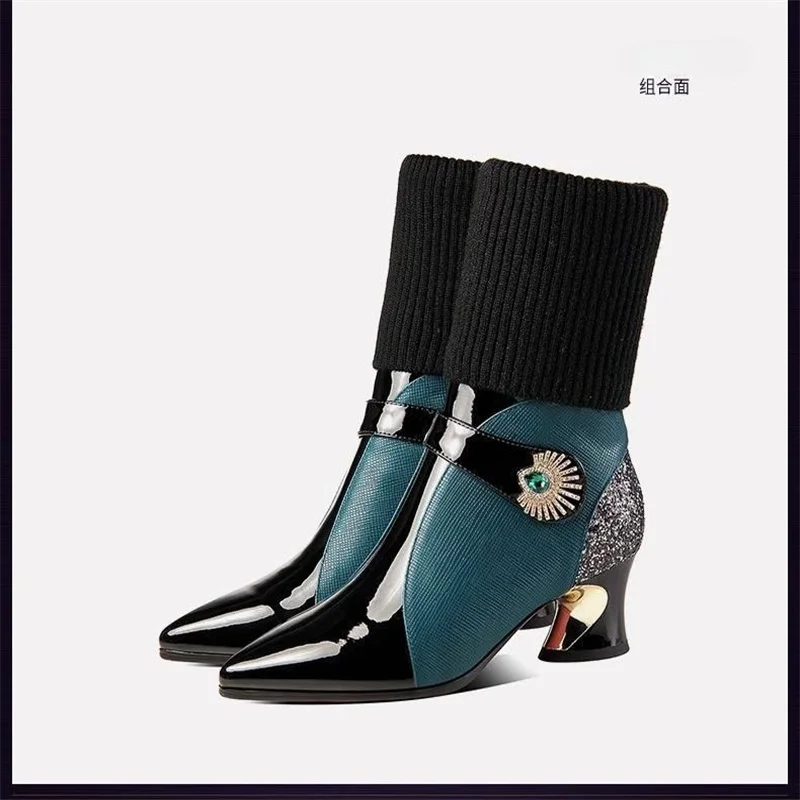Top layer  leather plus  knitted stretch boots women Midium cylinder  really leather shoes designer softable  laday warm winter