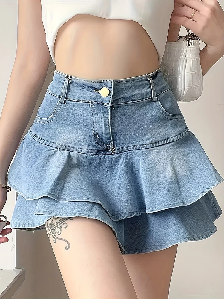 Jupe short en jean pour femme, vintage, streetwear, robe de RhKawaii délavée, mini jean à volants, été 2023