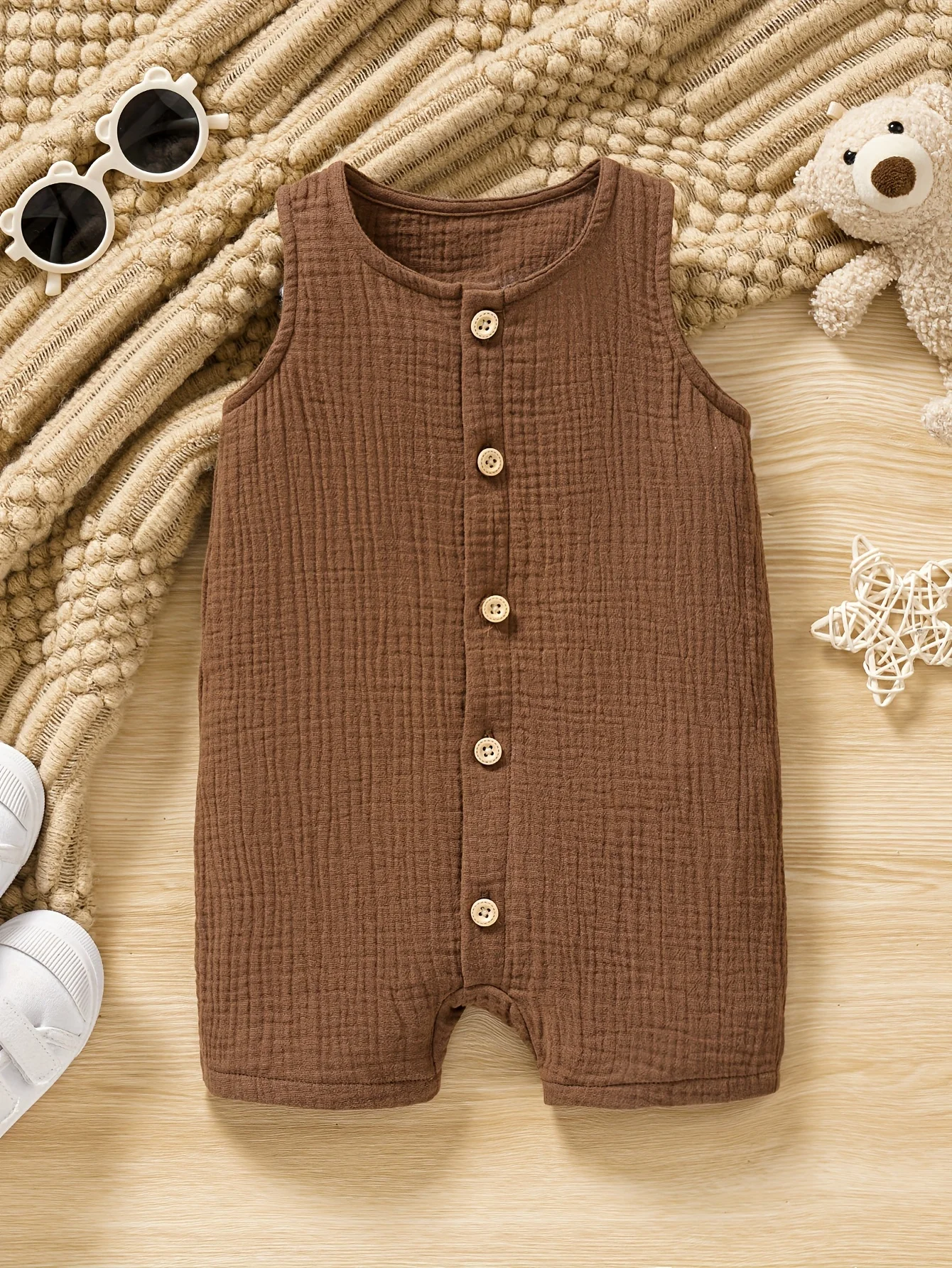 Body confortable en coton avec boutons sur le devant pour bébé, barboteuse décontractée sans manches de couleur unie, vêtements pour tout-petits et garçons