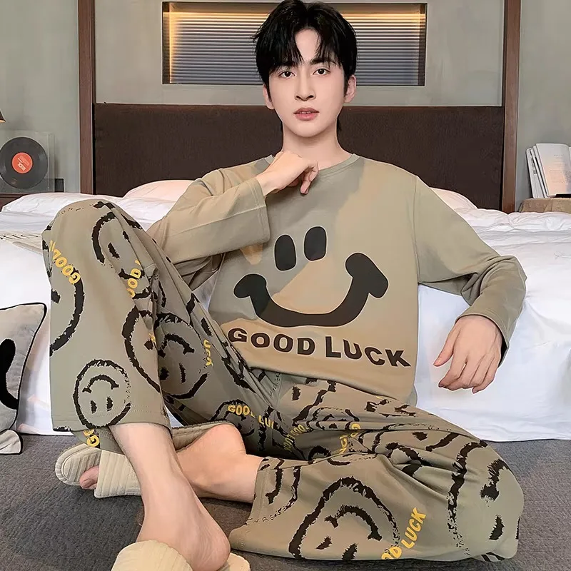 Plus Size Men Pajamas Set Spring and Summer Plaid Solid Color Student Sleepwear Homewear Tops and Pants Nightwear Loungewear