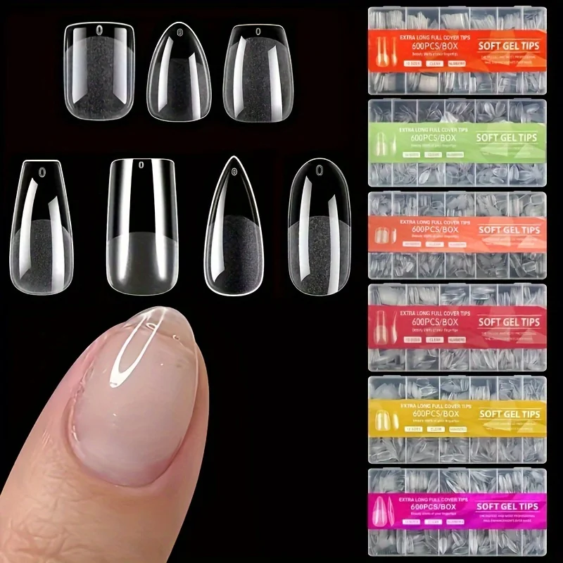 600 pièces pointes d'ongles courtes en forme d'amande demi-mat clair acrylique faux ongles conseils pour Extension d'ongle outils de manucure