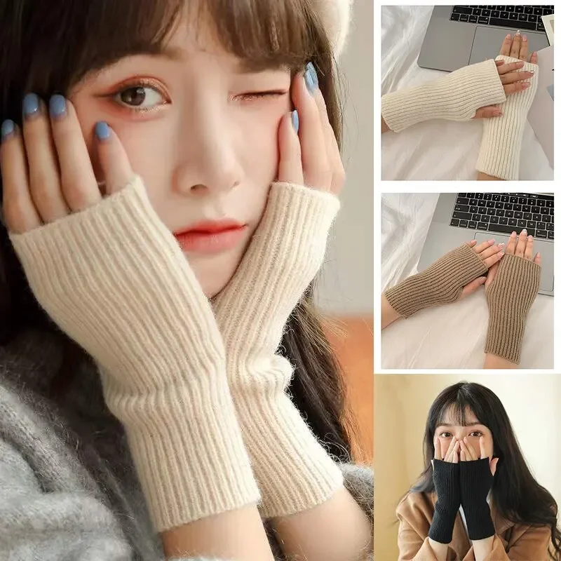 Gants demi-doigt solides pour femmes, gants d'hiver en laine douce et chaude pour bras en tricot, mitaines chaudes pour écriture