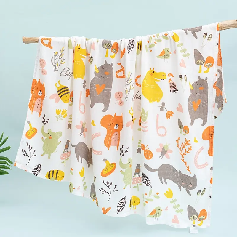 1 Pcs Animal Motif 110cm Coton Gaze Couverture Nouveau-Né Serviette Double Couche Couverture Couverture