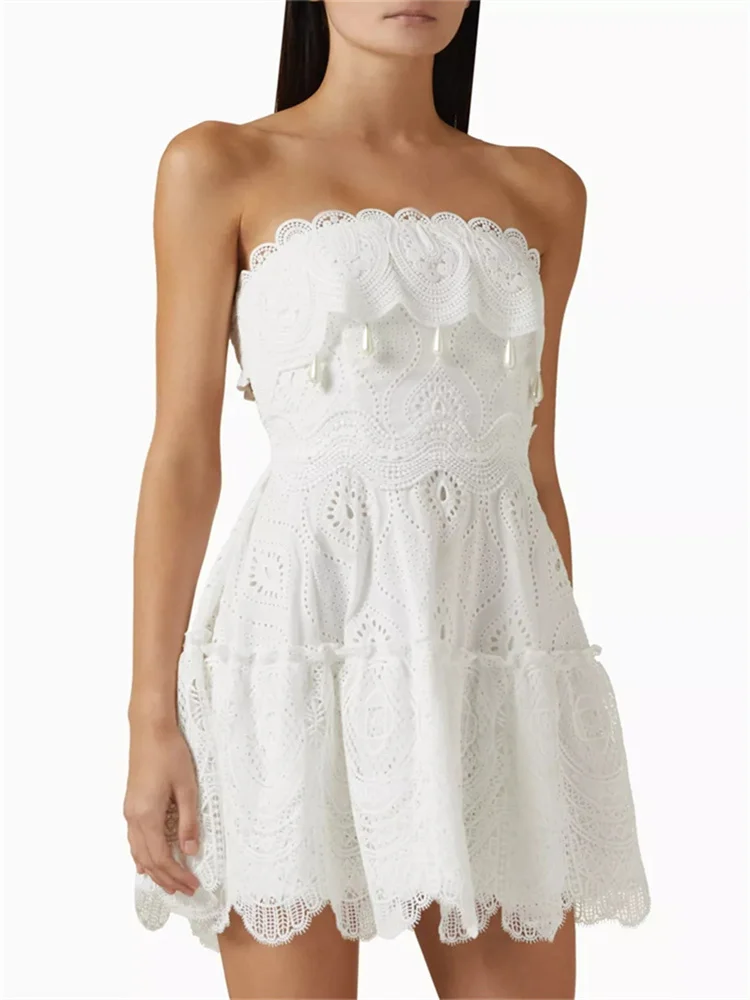 Robe de niche élégante personnalisée pour femme adulte, sans bretelles, décolleté de la présidence, dentelle courte, côté larme, embellissement de perles