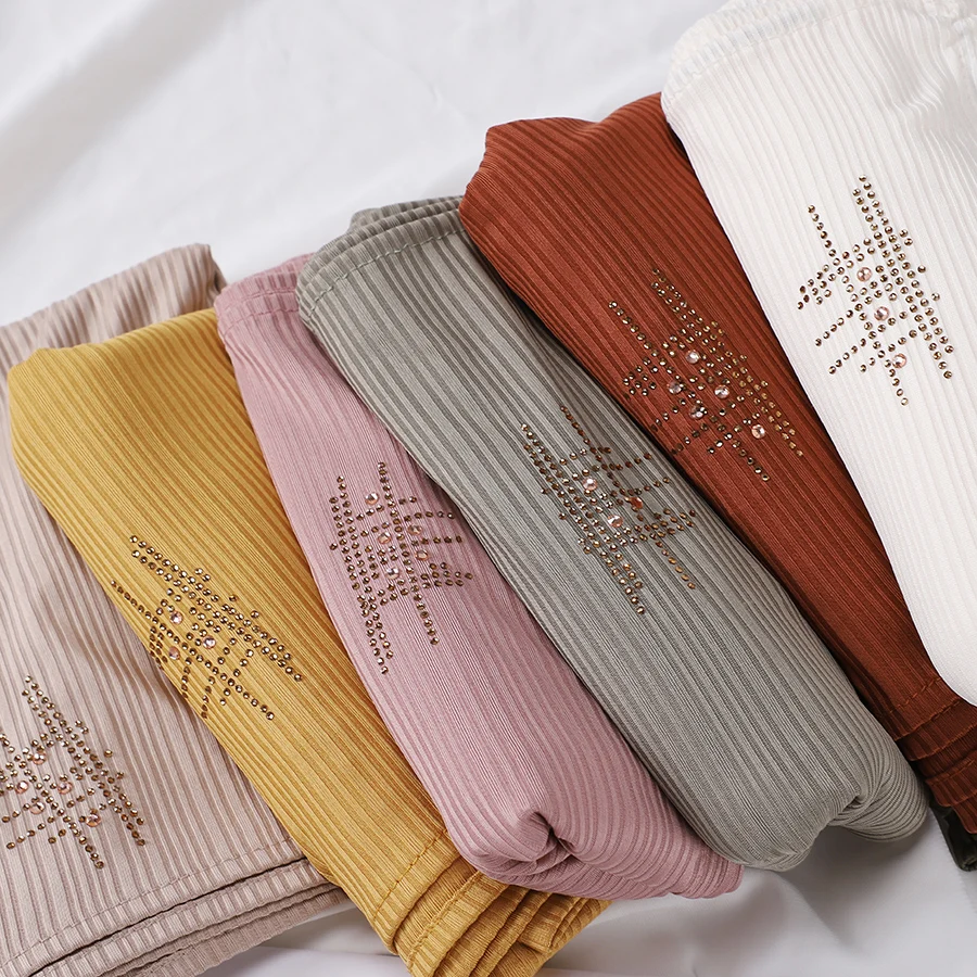 Hijab Froissé en Jersey et Strass pour Femme Musulmane, Foulard Uni en Crêpe, Châles Islamiques Doux, Bandeau de Sauna, Tyys