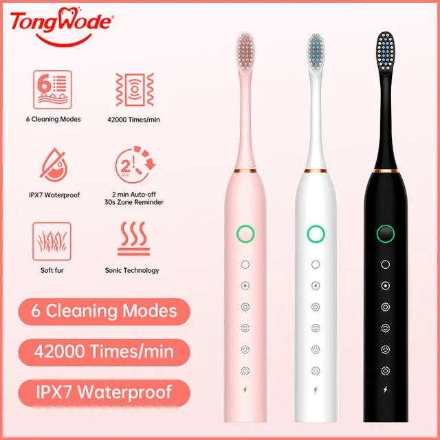Tongwode-Brosse à dents électrique sonique pour adulte, avec minuterie, 4 modes, chargeur USB, aste, ensemble de têtes de rechange – Image 2
