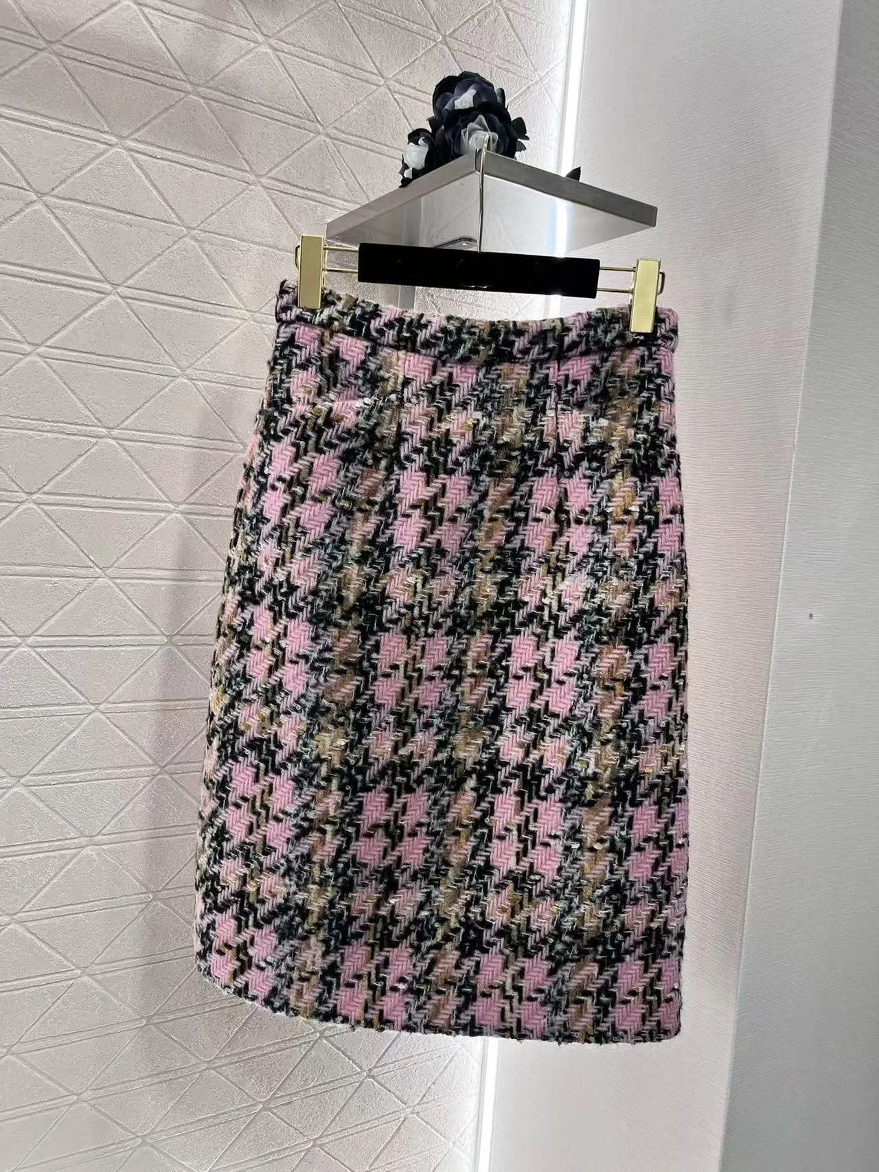 Demi-jupe taille haute à carreaux roses pour femme, tweed de laine et d'aldéhyde, double poches, neuf