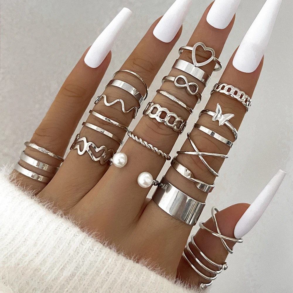 22 pièces/ensemble mode Imitation-perle amour coeur vague croisée papillon infini Simple métal couches géométrique anneau creux pour femme