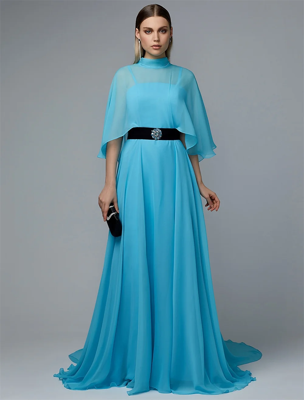 Robe trapèze élégante et luxueuse de Style célébrité, col haut, sans manches, en mousseline de soie, avec ceinture, ruban, broche en cristal