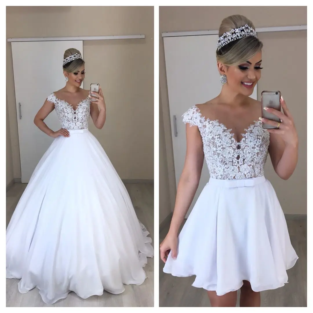 Robes de mariée 2 pièces à col en V, appliques en dentelle, mousseline de soie 2 en 1, patients, quelle que soit la robe courte avec poignées, jupe amovible