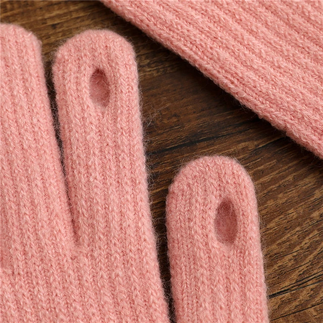 Gants chauds d'hiver pour femmes, gants coréens pour écran tactile, trous pour les doigts, gants tricotés de couleur unie, mitaines intérieures en peluche – Image 5