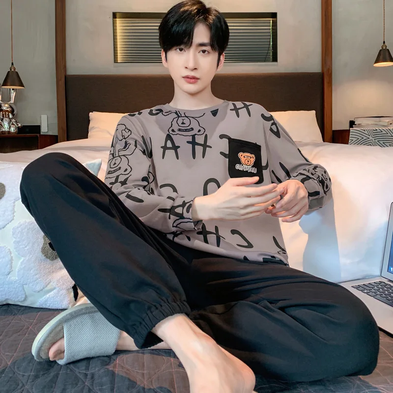 Spring And Autumn Men's Pajamas Teenage Long-Sleeved Pajamas Set Loose Casual Homewear Men's Homewear Suit