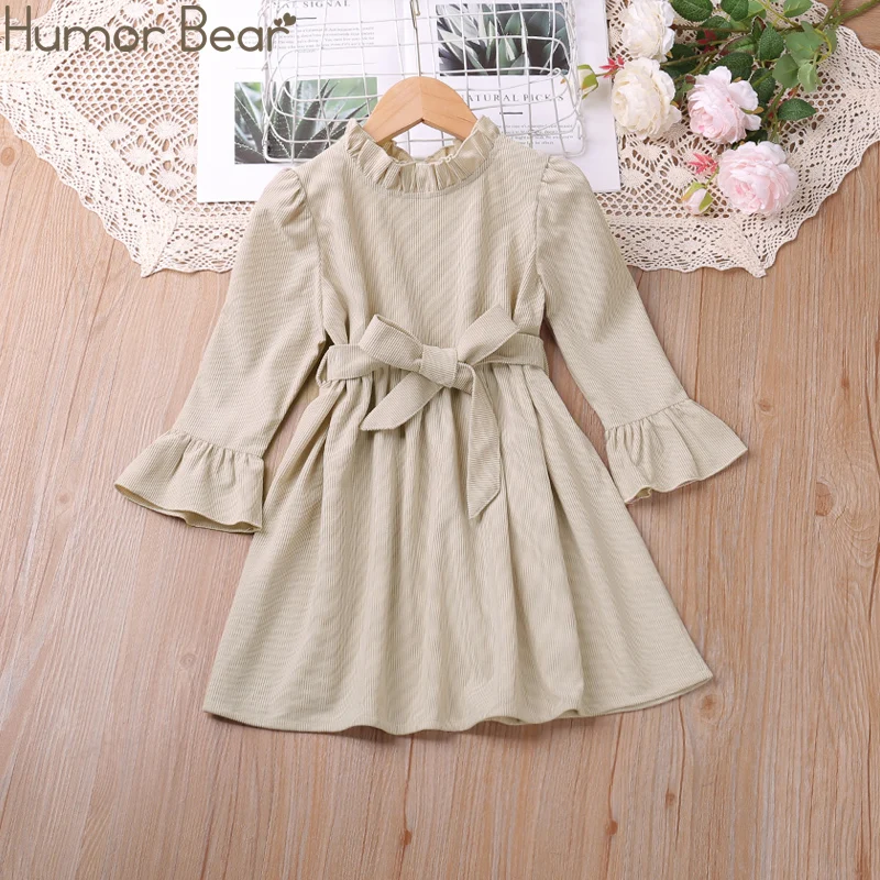 Humor Bear-Robe de printemps en dentelle pour filles, col en dentelle solide, manches évasées, robe de soirée, tenue décontractée éducative, 2-6 ans