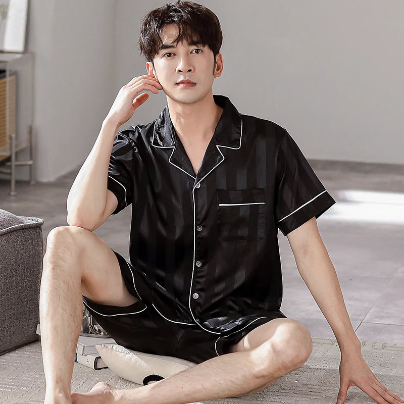 Pijamas Hombre Big Yards 4XL Pajamas Men Short Sleeve Shorts Pyjamas Male Silk Imitation Chinese Pajama Mens Casual Home Suit