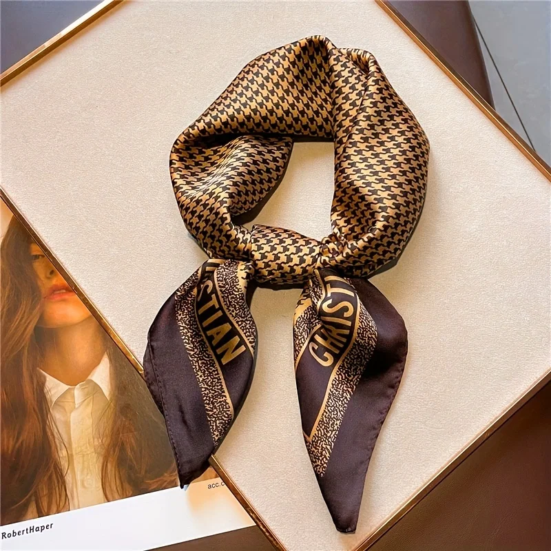Foulard carré imprimé pied-de-poule pour femmes, 1 pièce, 70cm, Imitation soie, lettres christiennes, à la mode et polyvalent