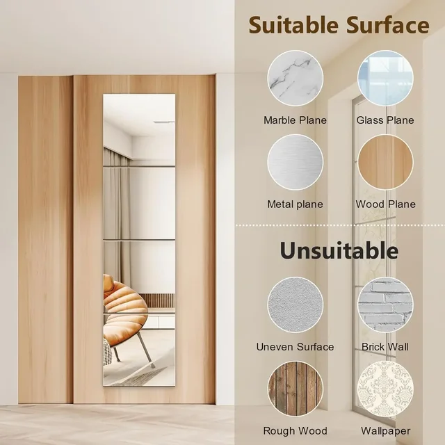 Miroir mural pleine longueur pour chambre à coucher, miroir incassable, grands miroirs acryliques souples sans cadre incassables, 4 pièces – Image 4