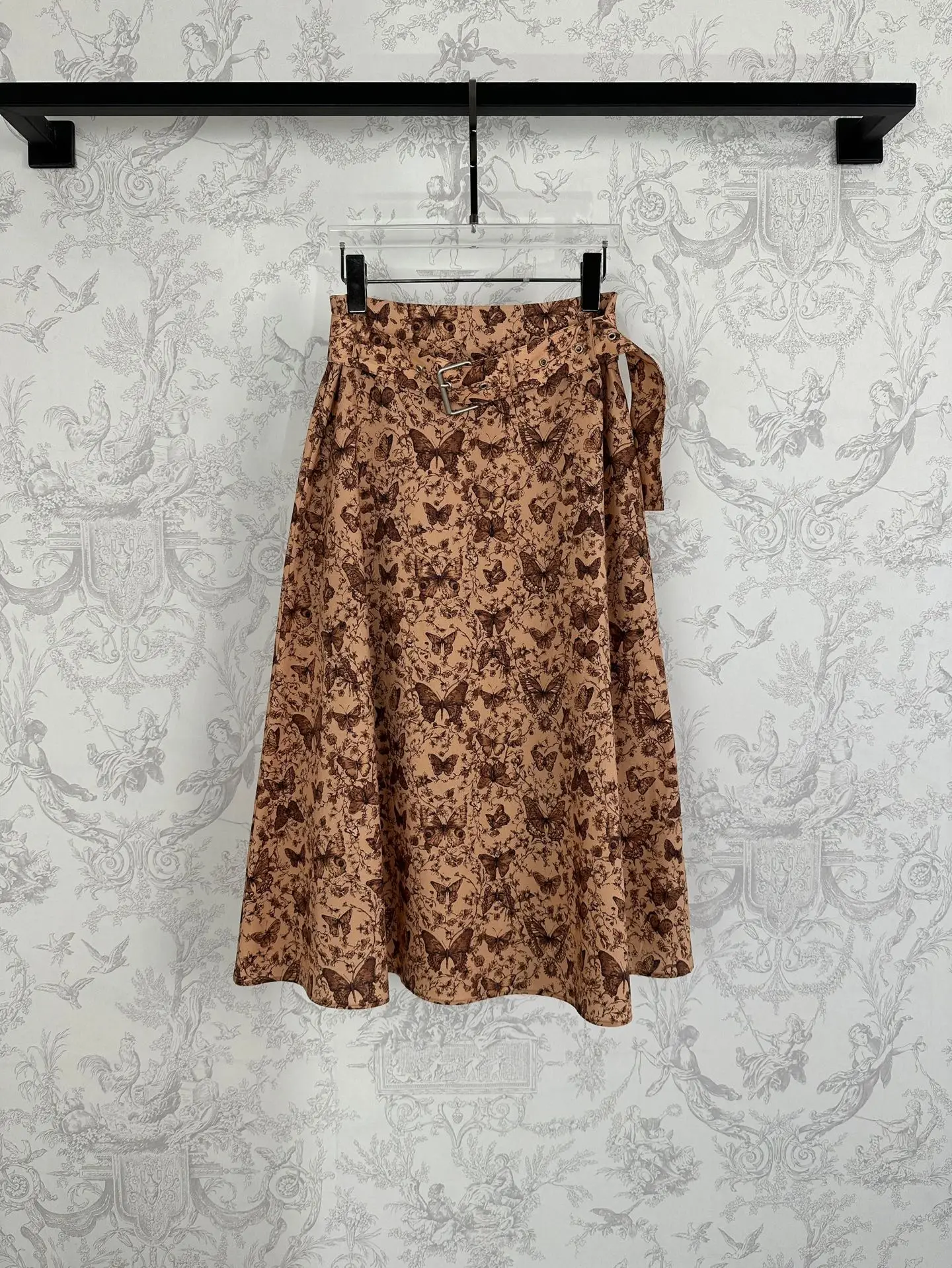 Jupe Vintage en coton pour femmes, imprimé papillon marron jaune, avec ceinture, taille haute décontractée, jupe trapèze