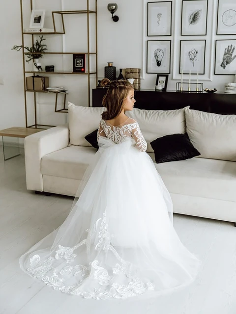 BABYONLINE Robe de CVcommunion blanc sainte à manches longues en dentelle et motif floral sur le corsage Haut Paillettes Jupe en tulle Robe formelle trapèze fluide – Image 3