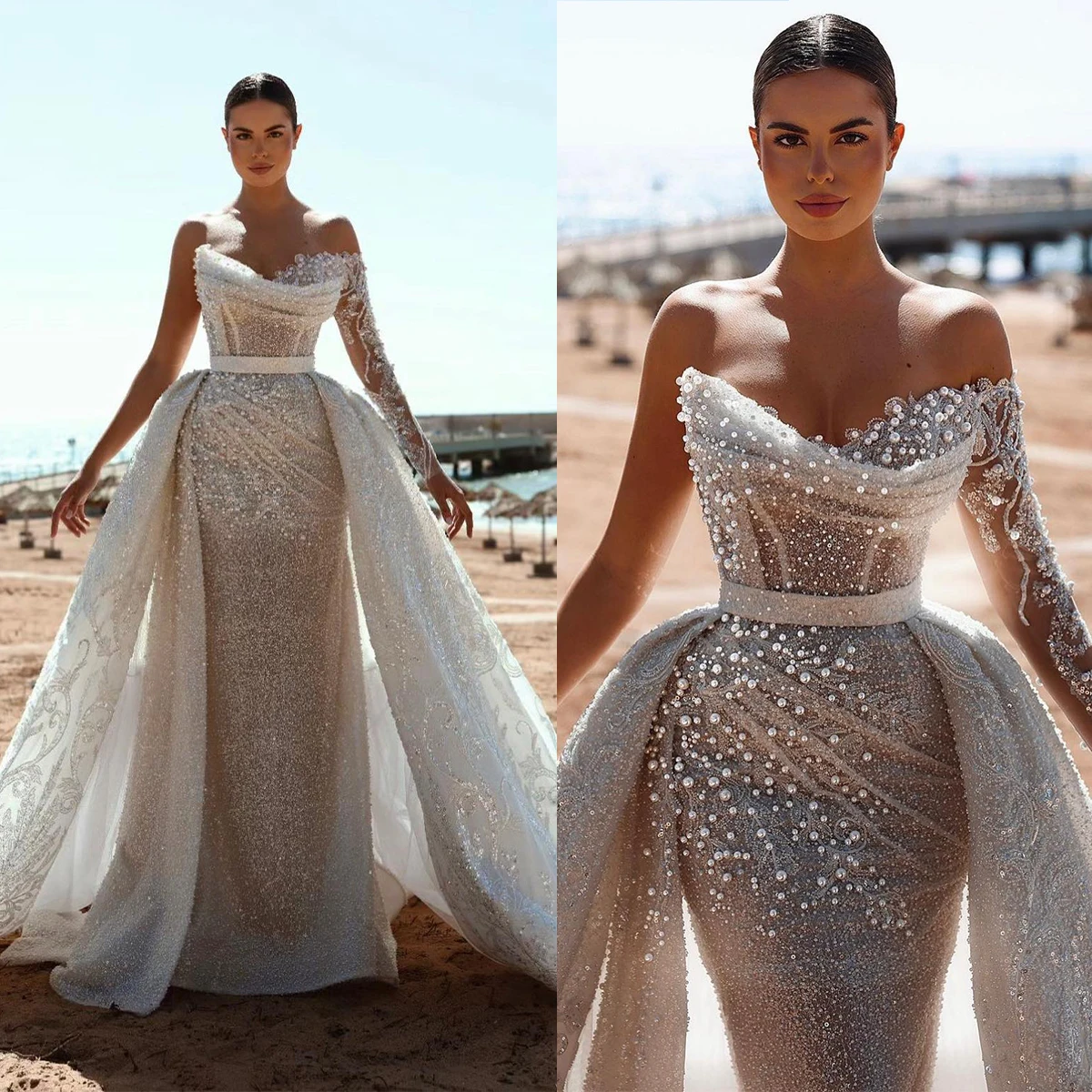 Robe de mariée sirène en dentelle à paillettes scintillantes, robes de patients, poignées de trompent formelles, perles, train amovible, une initiée