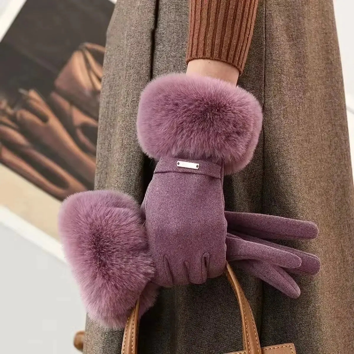 Gants d'hiver en daim pour femmes, garde au chaud, écran tactile en velours, peluche épaisse, poignet, personnalité à la mode, conduite élégante, cyclisme