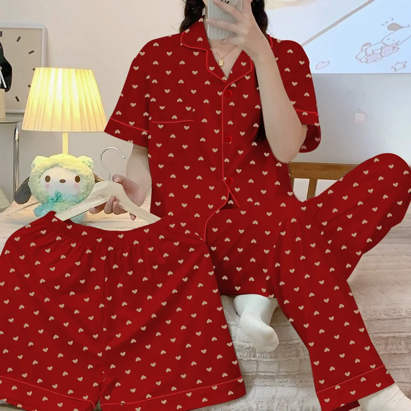Women's Big Red Love Light Luxury Pajamas Three-Piece Set of Girls Spring and Summer Short-Sleeved Wedding Pajamas Homewear