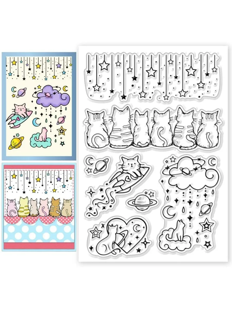 1Sheet Starry Cats Clear Stamps Star Moon Transparent Silicone Stamps Cats Silicone Stamps for Card Making Decor DIY