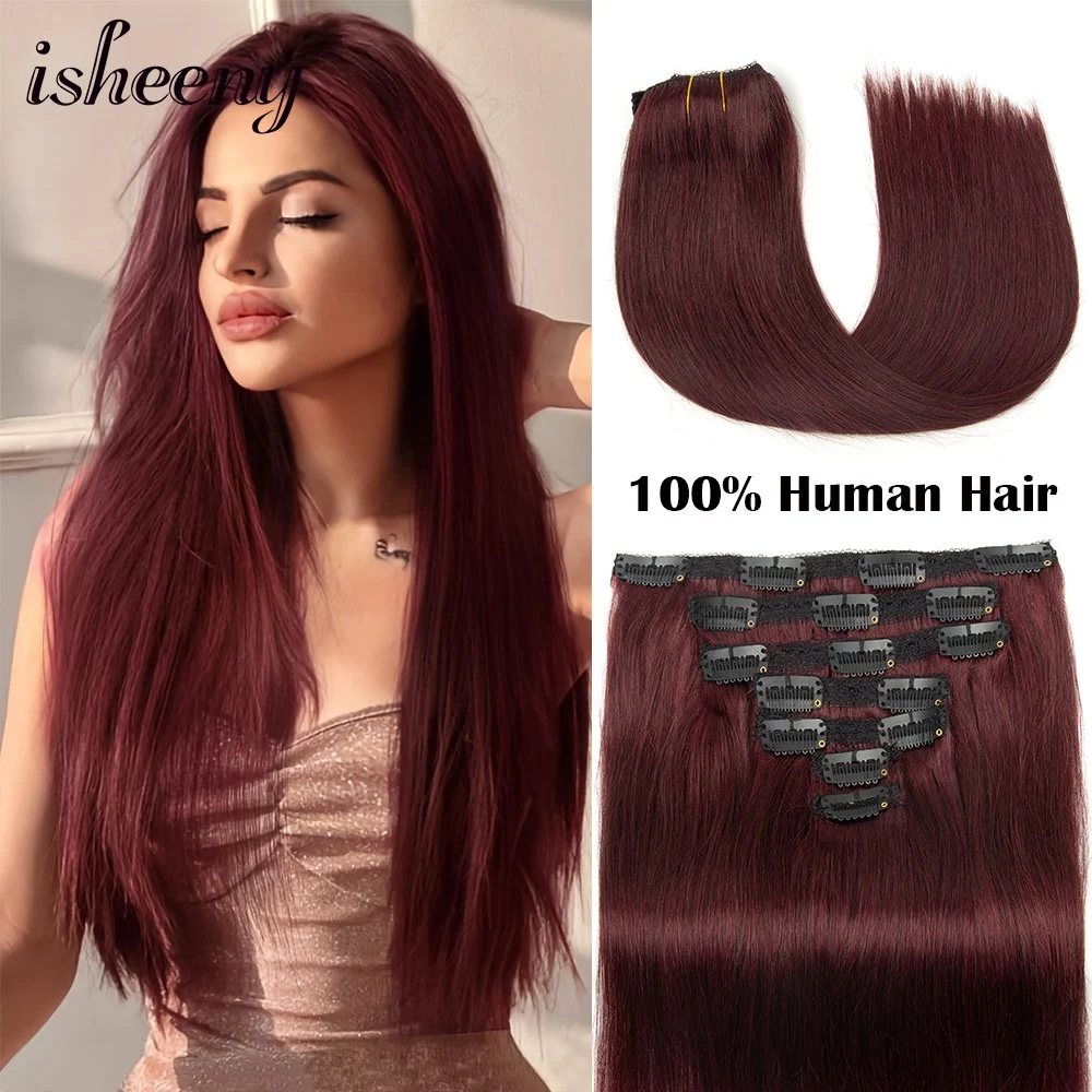 Burgundy Wine Red Clip In Hair Extensions Real Human Hair 12-24 Inch 7pcs/set Natural Clip ins 50g-120g isheeny Clip Hair