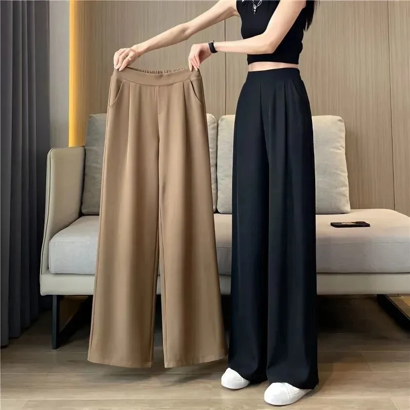 Mode élastique taille haute pantalon femmes 2024 décontracté ample couleur unie pantalon droit femme basique bureau dames costume pantalon