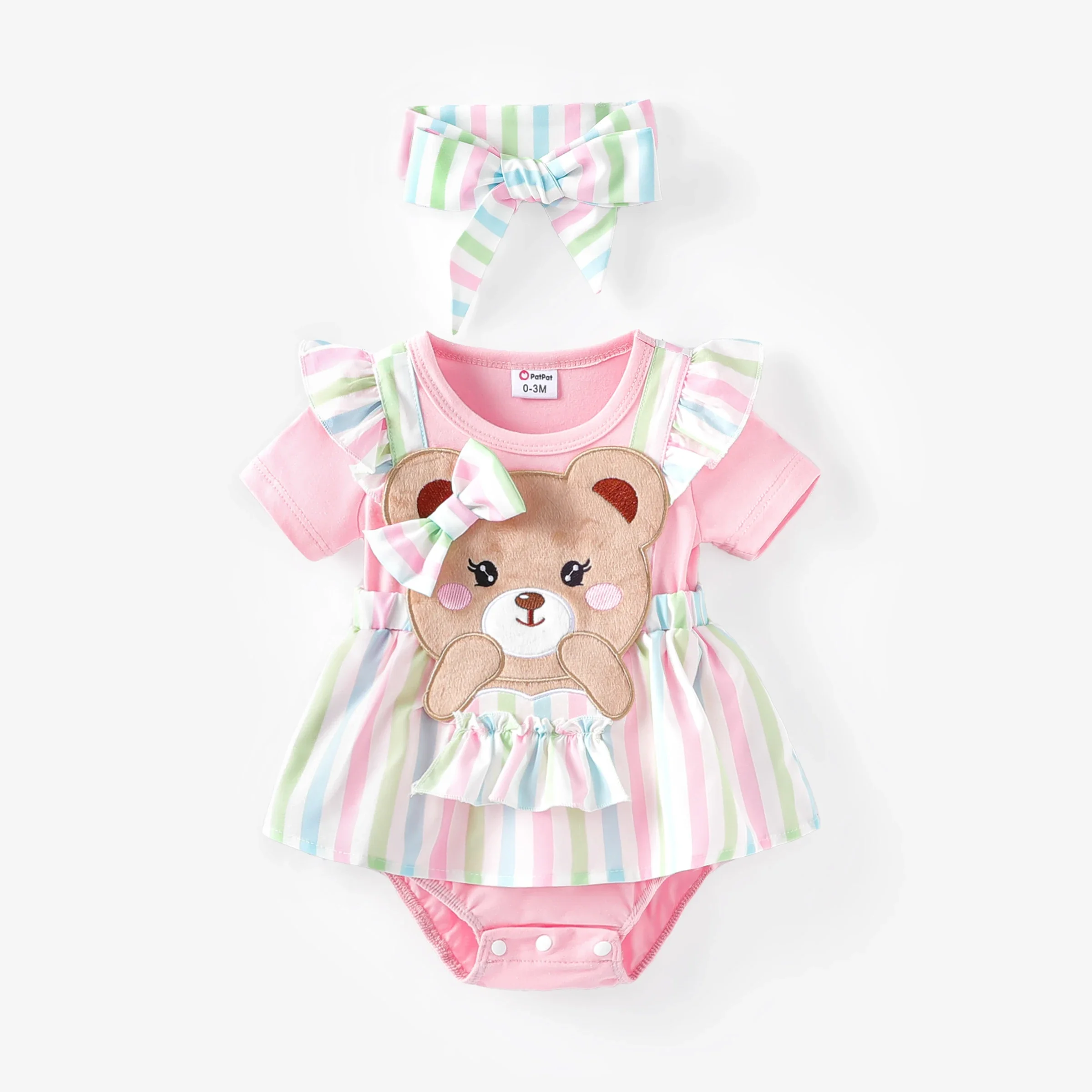 PatPat-Ensemble barboteuse et bande de sauna pour bébé fille, imprimé ours rayé 3D, doux et confortable, adapté à la saison d'été, 2 pièces