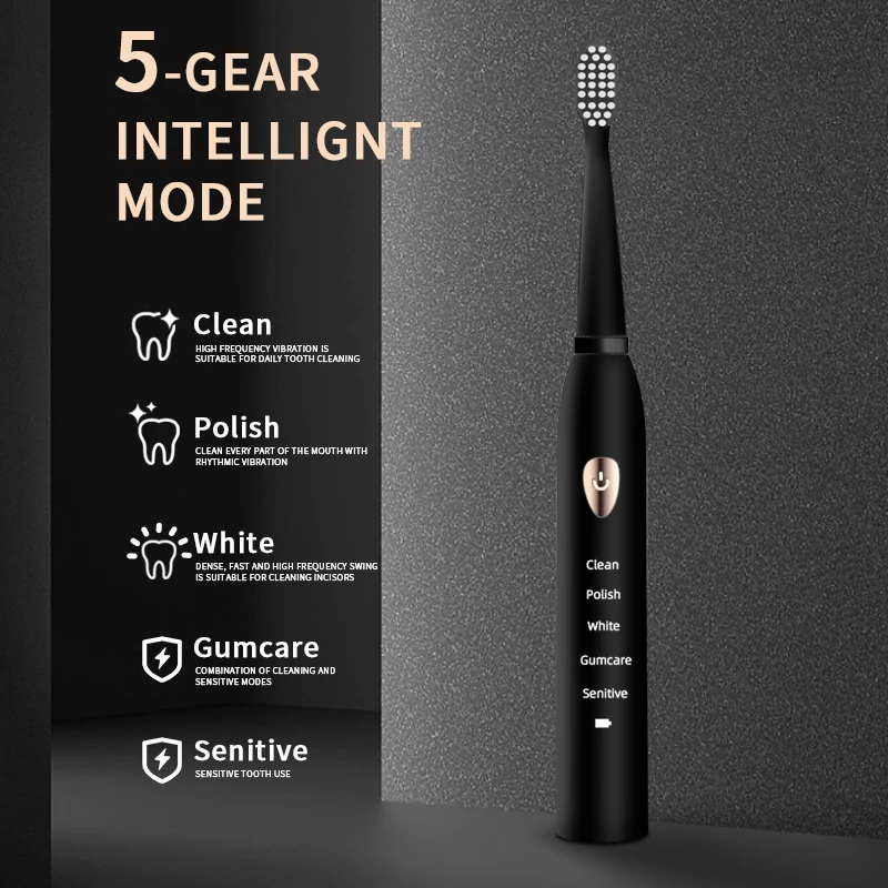 Jianpai adulte noir blanc classique brosse à dents électrique acoustique adulte 5 vitesses Mode USB charge IPX7 étanche électrique acoustique