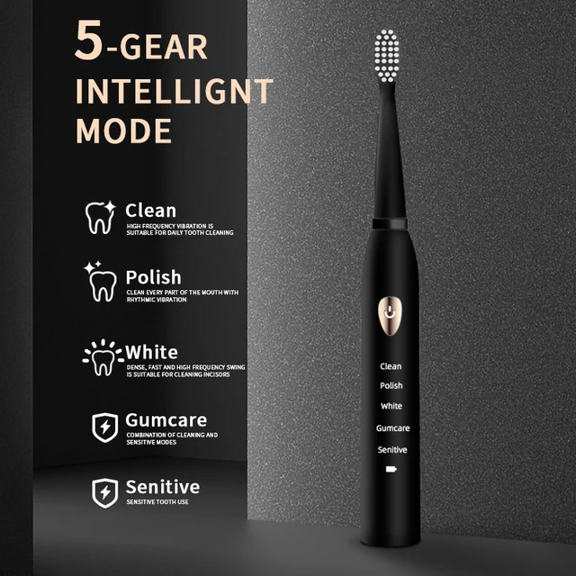 Jianpai adulte noir blanc classique brosse à dents électrique acoustique adulte 5 vitesses Mode USB charge IPX7 étanche électrique acoustique
