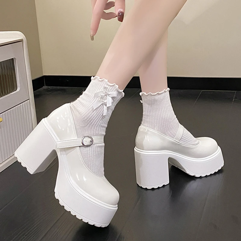 Escarpins à talons hauts et plateforme épaisse pour femmes, chaussures d'automne en cuir Pu avec boucle à la cheville, Mary Jane, chaussures Lolita blanches à talons épais, 2023
